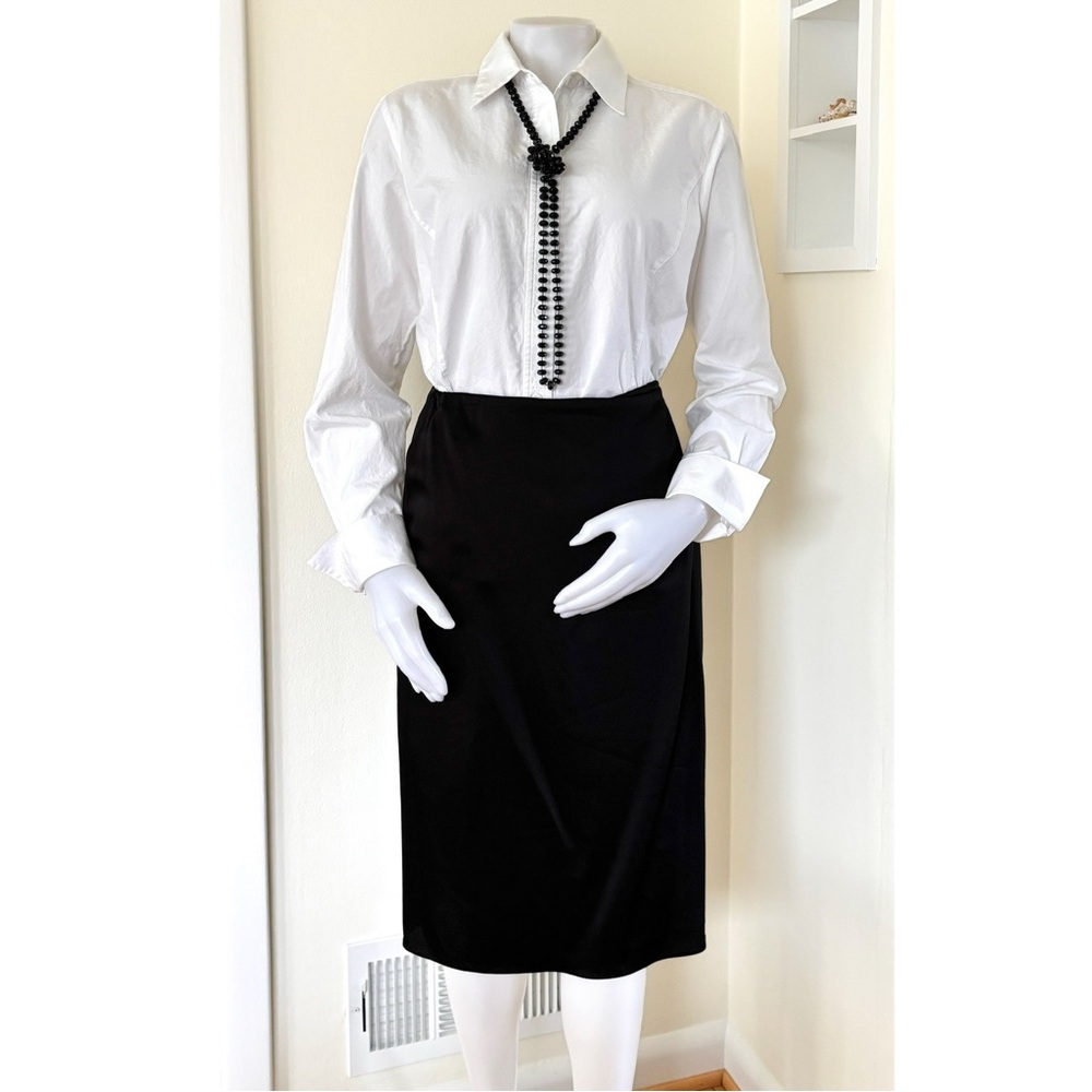 1990s Donna Karan black satin wrap skirt